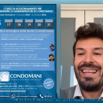 Slide promozionale del corso Condomini con calendario novembre 2025 e riquadro video del relatore
