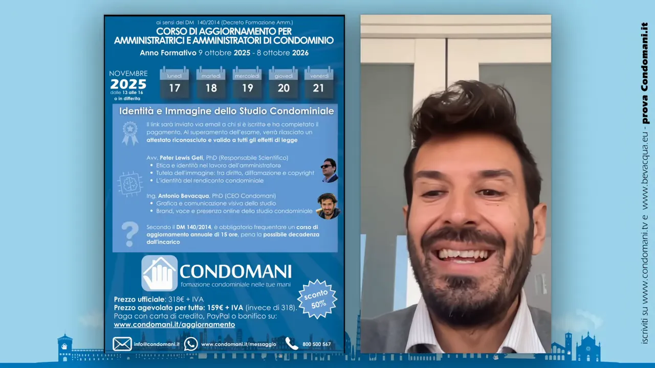 Slide promozionale del corso Condomini con calendario novembre 2025 e riquadro video del relatore
